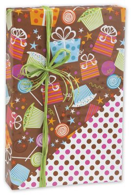 Presents & Dots Reversible Gift Wrap, 24' x 417' - Gifts Baskets Wholesale Supplies Shop