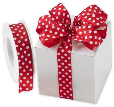 White Polka Dots on Red Wired Ribbon, 1' x 22 Yds - Gifts Baskets Wholesale Supplies Shop
