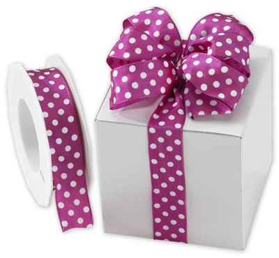 White Polka Dots on Magenta Wired Ribbon, 1' x 22 Yds - Gifts Baskets Wholesale Supplies Shop