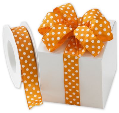 White Polka Dots on Orange Wired Ribbon, 1' x 22 Yds - Gifts Baskets Wholesale Supplies Shop