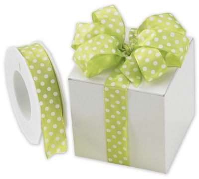White Polka Dots on Lime Green Wired Ribbon, 1' x 22 Yds - Gifts Baskets Wholesale Supplies Shop