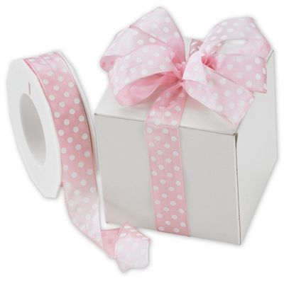 White Polka Dots on Pink Wired Ribbon, 1' x 22 Yds - Gifts Baskets Wholesale Supplies Shop