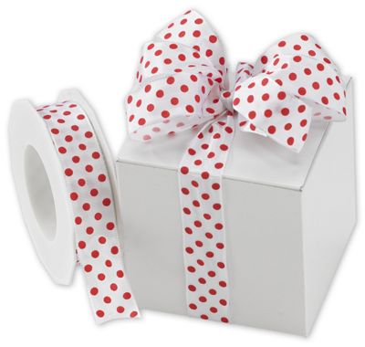 Red Polka Dots on White Wired Ribbon, 1' x 22 Yds - Gifts Baskets Wholesale Supplies Shop