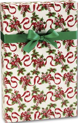 Red Ribbons and Canes Gift Wrap, 24' x 100' - Gifts Baskets Wholesale Supplies Shop
