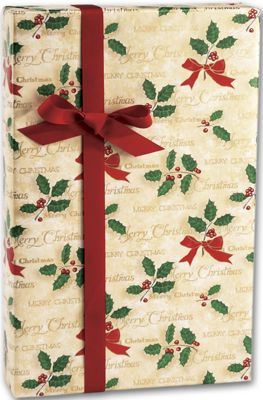 Scripted Holly Gift Wrap, 24' x 417' - Gifts Baskets Wholesale Supplies Shop