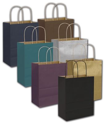 8 1/4 x 4 3/4 x 10 1/2  or 8 1/4 x 4 1/4 x 10 3/4 Color-On-Kraft Shoppers