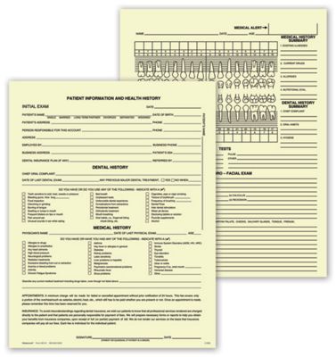 8 1/2 X 11 Dental Exam Record, Single Sheet