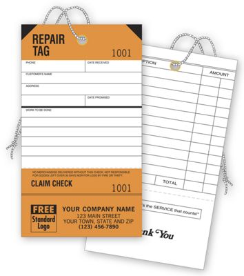 3 1/8 x 5 1/2 Repair Tags, Service, Orange, Detachable Claim Check