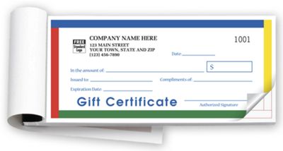 Gift Certificates,  Booked,  Carbonless, Primary Color