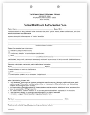 8 1/2 X 11 Two-Part Patient Disclosure Authorization HIPAA Form