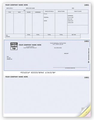 8 1/2 x 11 Laser Payroll Check, Compatible with Great Plains