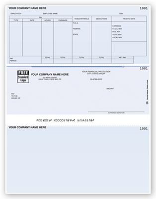 8 1/2 x 11 Laser Payroll Check, Compatible with Great Plains