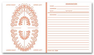 Dental Exam Record Slips, Unnumbered Teeth, 4 1/2  x 8