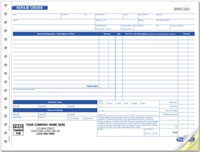 Repair Order with Key Tag, Carbonless