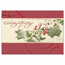 Glistening with fresh fallen snow, the Frosted Holly Card delivers high-quality, personalized greetings from your company. Unique touches include shiny red foil ribbons in borders and prismatic glitter accents.
