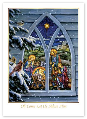 5 5/8 x 7 7/8 Stained Glass Nativity Christmas Cards