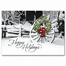 Send warm holiday greetings with this simply elegant, budget friendly card! These cards feature personalization with your company's messages, quality paper stock and rich, full-color imagery. Snow-covered country scene with wreath on white gloss stock.