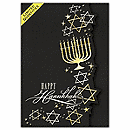 Front features gold and silver foil embossed stars with a silver greeting. Printed on black linen stock.