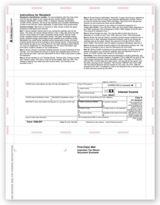 8 1/2 x 11 2016 Laser 1099-INT Income, Copy B, Pressure Seal