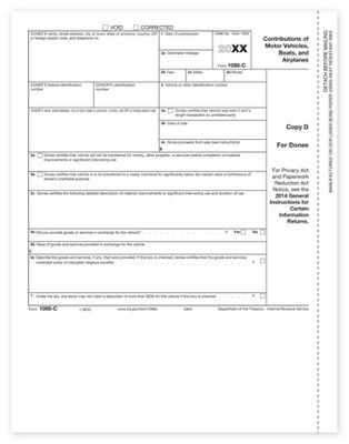 8 1/2 x 11 2016 Laser 1098-C, Copy D for Charitable Vehicle Deductions