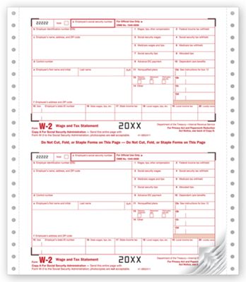 8 1/2 x 5 1/2 2016 Continuous W-2, One-Wide Sets, Carbonless