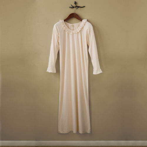 Organic Cotton Long-Sleeve Ruffled V-Neck Nightgown