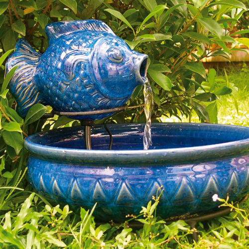 Solar Blue Ceramic Fish Fountain
