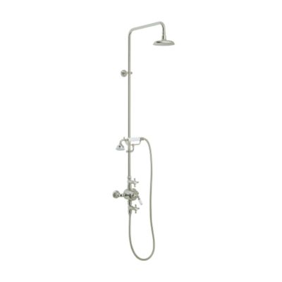 Hampstead Traditional Shower Set with Exposed Thermostatic Valve and Handshower, White Porcelain Lever Handle