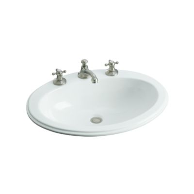 Shown is the Kalligraphos Self-Rimming Basin with Overflow in Stucco White with the Hampstead Basin Set with Traditional Spout in Brushed Nickel