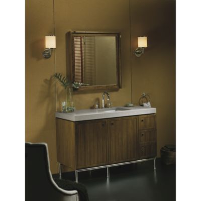 Shown is the Vir Stil 1.5 Vanity in Black Walnut, Grigio Limestone Vanity Pre-cut Top, and Bronze Basin Set, Drawer Pulls and Vanity Base