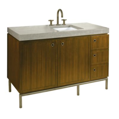 Shown is the Vir Stil 1.5 Vanity in Black Walnut, Grigio Limestone Vanity Pre-cut Top, and Bronze Basin Set, Drawer Pulls and Vanity Base