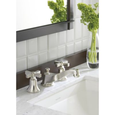 Shown is the Original For Him Dressing Table in Java with White Carrara Mable Top, Undercounter Basin in Stucco White, Tuxedo Showerhead and Trim and Basin Faucet For Him in Brushed Nickel
