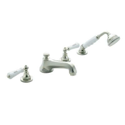 Hampstead Deck-Mounted Bath Set with Traditional Spout and Handshower, White Porcelain Lever Handles