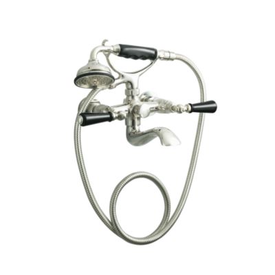 Hampstead Wall Bath Set with Standard Spout and Handshower, Black Porcelain Lever Handles