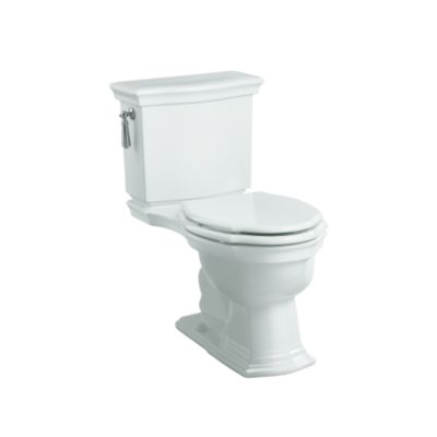 Shown is the Hampstead Two-Piece Toilet and Colored Wood Seat in Stucco White, and Chrome Trip Lever