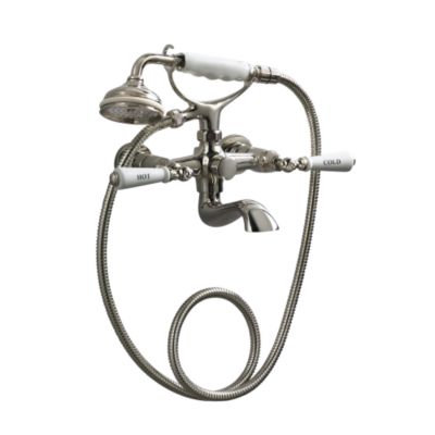 Hampstead Wall Bath Set with Standard Spout and Handshower, White Porcelain Lever Handles