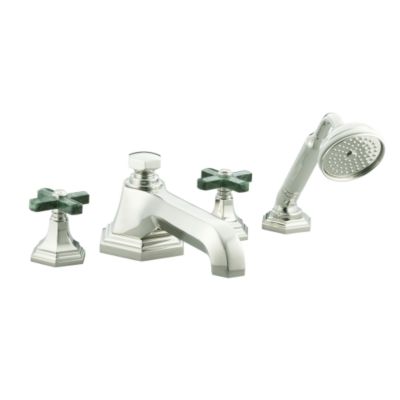 For Town by Michael S Smith Deck-Mounted Bath Set with Diverter and Handshower, Green Nephrite Jade Cross Handles