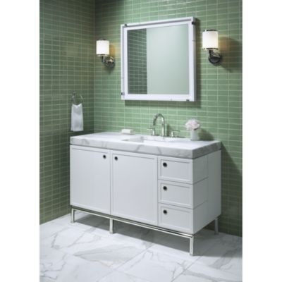 Shown is the Vir Stil 1.5 Vanity in Black Walnut, Grigio Limestone Vanity Pre-cut Top, and Bronze Basin Set, Drawer Pulls and Vanity Base