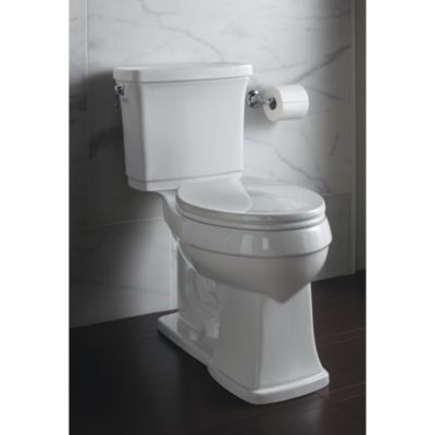 Shown is the Bridgeton Two-Piece High Efficiency Toilet in Stucco White, and Classic Toilet Seat in Stucco White