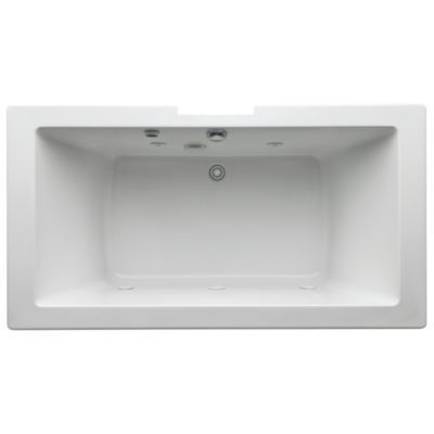 Shown is the Barbara Barry Acrylic Whirlpool in Stucco White, Deck-mounted Bath Set in Chrome featuring Ivory Handles and the Glamour Waste and Overflow in Chrome