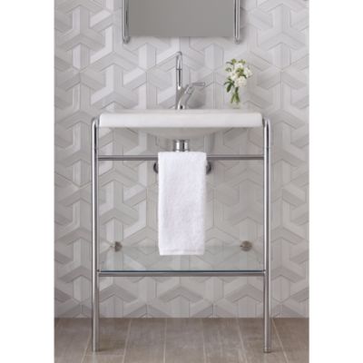 Shown is the One Console Table Top in White Carrara, Console Table Legs with Shelf in Chrome and One Basin Set in Chrome
