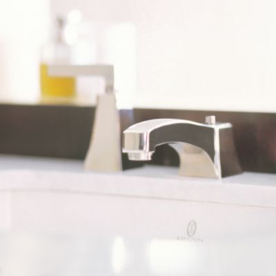 Shown is the Original For Him Dressing Table in Java with White Carrara Mable Top, Undercounter Basin in Stucco White, Tuxedo Showerhead and Trim and Basin Faucet For Him in Brushed Nickel