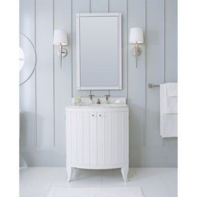 Shown is the Original Vanity in Java, White Carrara Marble Top, Undercounter Basin in Stucco White, and Basin Set in Brushed Nickel