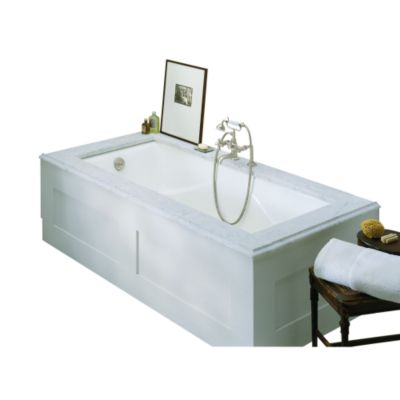 Shown is the Michael S Smith Bathtub in Stucco White with the Michael Smith Waste and Overflow in Chrome