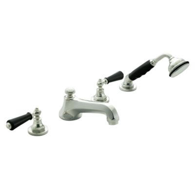 Hampstead Deck-Mounted Bath Set with Traditional Spout and Handshower, Black Porcelain Lever Handles
