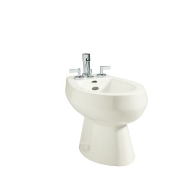 Shown is the Persephone Bidet in Stucco White with the One Bidet Set with Cross Handles in Chrome