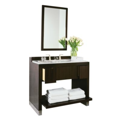 Shown is the Original For Him Dressing Table in Java with White Carrara Mable Top, Undercounter Basin in Stucco White and Basin Faucet For Him in Chrome