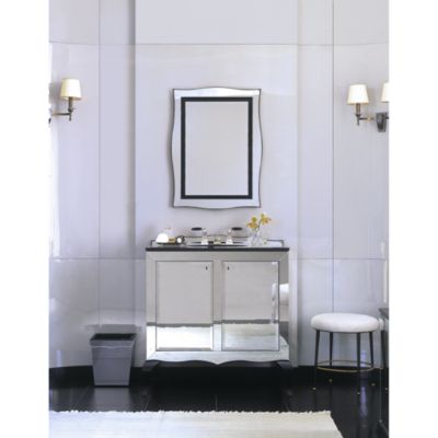 Shown is the Glamour Vanity, Undercounter Basin in Stucco White and Basin Set in Nickel Silver featuring Ebony Handles