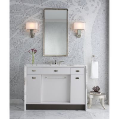 Shown is the Jeton Vanity in Blanche Lacquer, Vanity Top in Statuary White, Vanity Hardware in Nickel Silver, Basin in Stucco White, Basin Set in Nickel Silver