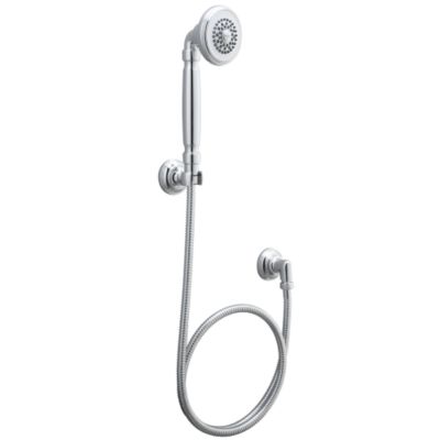 Shown is the Inigo Handshower and Hose, Inigo Wall Supply Elbow and Inigo Fixed Wall Bracket in Chrome